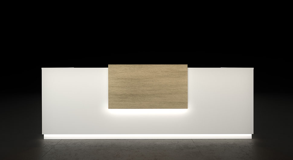 Mostrador de recepción de madera y color blanco en iluminación led