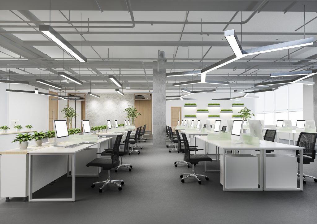 Oficina grande abierta con muchas plantas