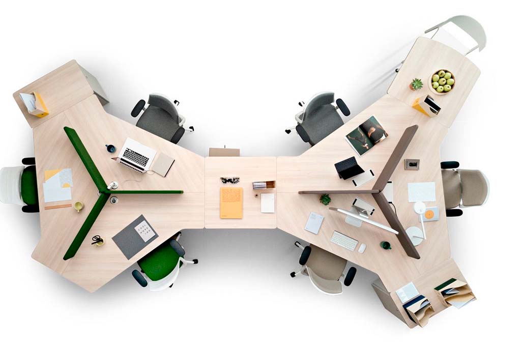 Mesa de oficina con separadores para seis sitios de trabajo